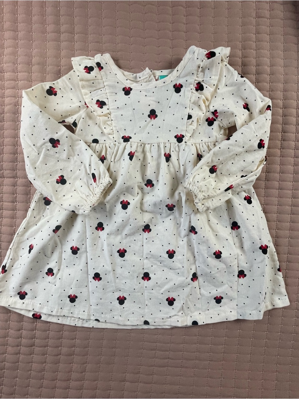 Disney Cream Long-Sleeve Ruffle dress with Red & Black Minnie Motif 24M